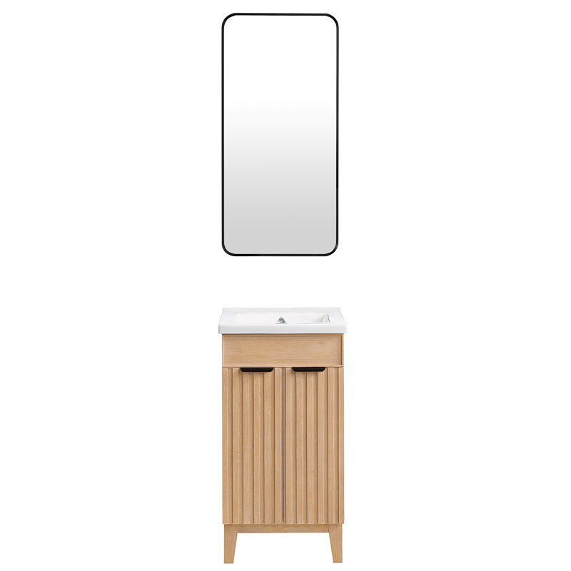 Ensemble de meuble-lavabo autoportant simple 18,1 po avec plateau en céramique et miroir Waukesha, Bois de sapin brun