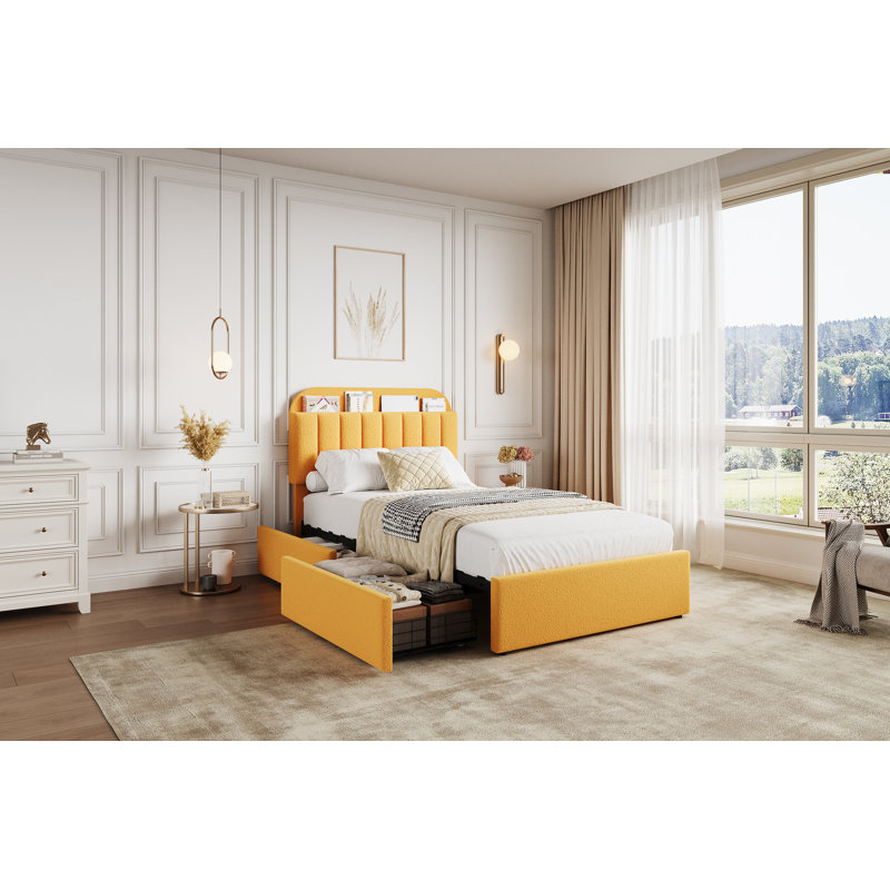 Cadre de lit avec 2 tiroirs de rangement, cadre de lit pour enfant avec tête de lit de rangement, cadre de lit rembourré