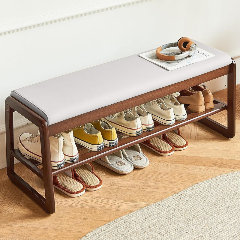 Banc à chaussures à 2 niveaux en bois massif - Banc de rangement d'entrée moderne Mid-Century avec coussin en similicuir, repose-pieds pour le couloir et le salon