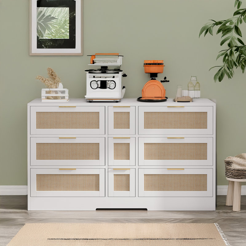 White and Light Wood Rattan Accent Cabinet with 9 Drawers