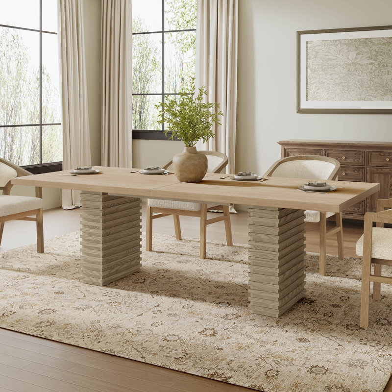  Table de salle à manger rectangulaire 95 po avec plateau en bois massif et base à piédestal sculpté, Bois naturel
