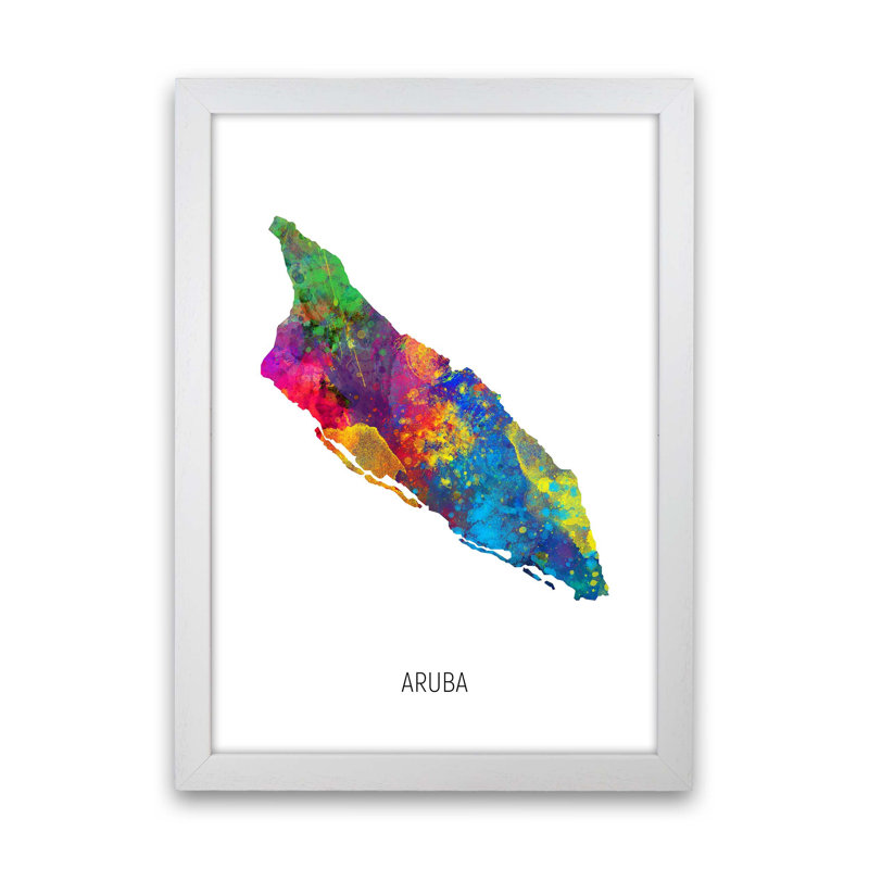 Aruba Watercolour Map by Michael Tompsett - Print, 46cm H x 34cm W x 3cm D, White Framed