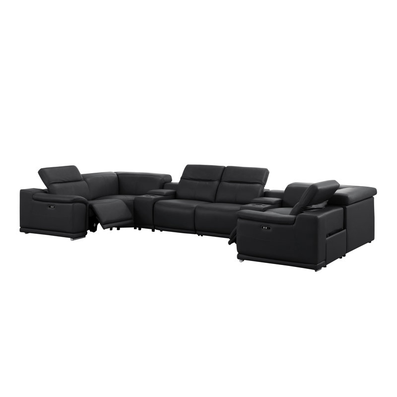 8-Piece U-Shaped Power Reclining Sectional In Genuine Leather – 2 Recliners, Black Top Grain Leather