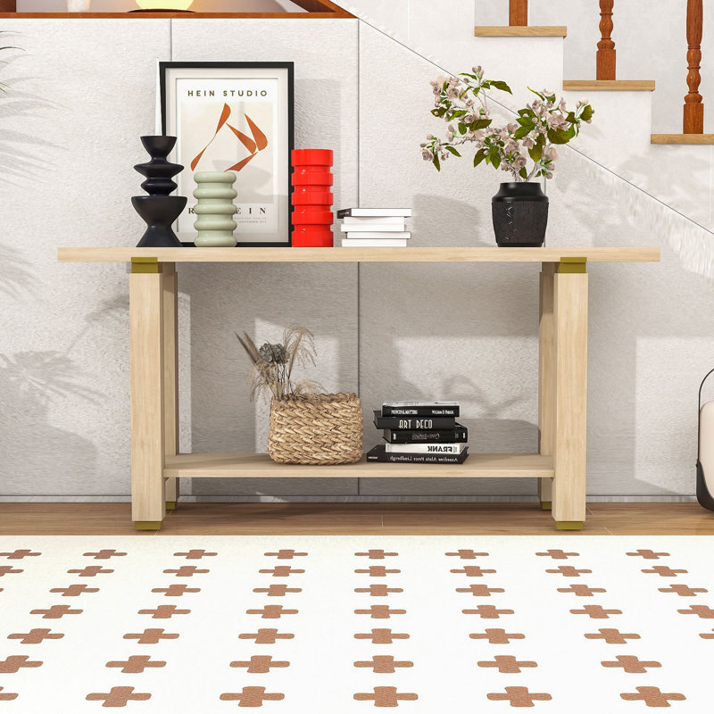 Industrial-Style Console Table with Wood Legs, Durable MDF Top, and Open Bottom Shelf, Natural