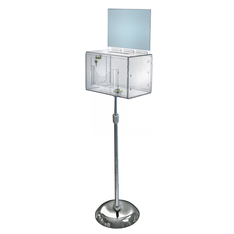 Extra Large Clear Lottery Box on Adjustable Pedestal Floor Stand w/ Pocket, Lock & Keys on Pedestal