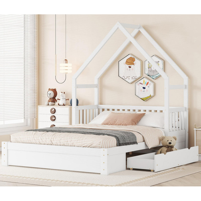 Grand lit plateforme en bois blanc avec garde-corps et 2 tiroirs, Blanc