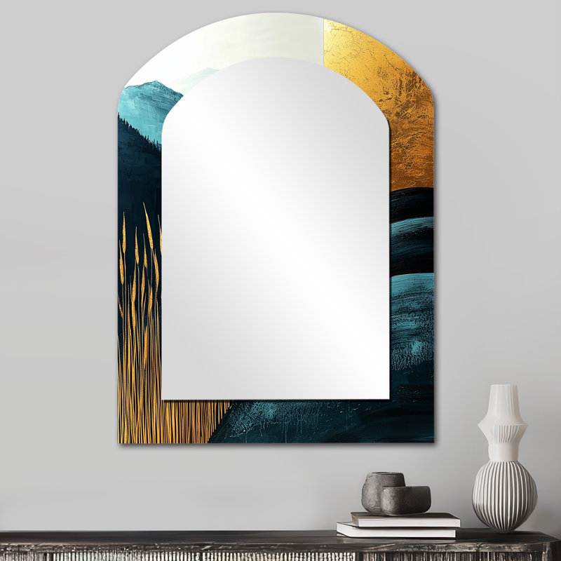 «Quiet Bold Mountain In Emerald Gold Harmony III - Miroir décoratif montagnes arquées, miroir mural asymétrique traditionnel, impression d'art en métal