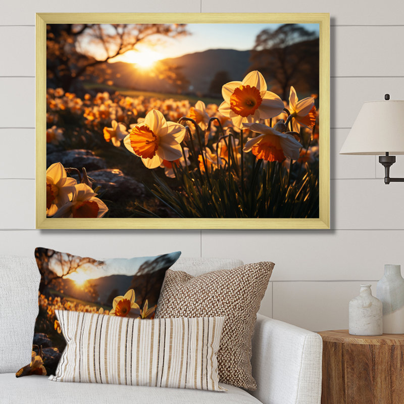 Daffodils Field Sunrise III - Floral Wall Art Prints, H 16 po x l 32 po, Cadre photo noir