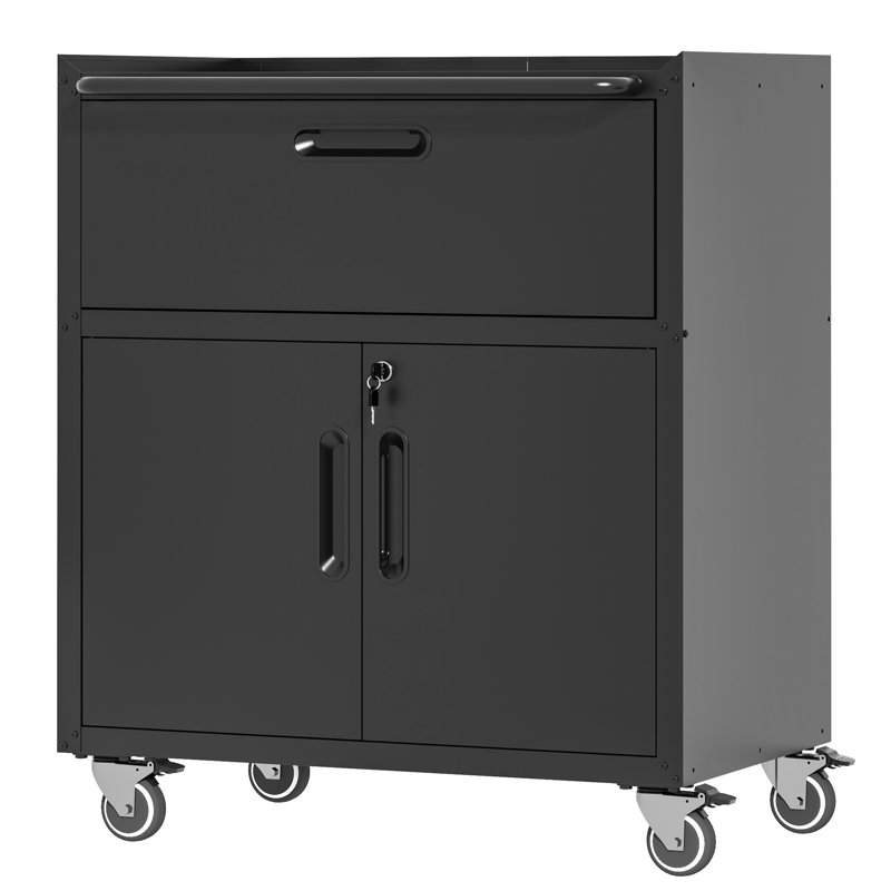 Armoire de garage mobile robuste - 1 tiroir, système de verrouillage sécurisé, métal noir et gris pour le travail 2 portes, 360 roues rotatives,
