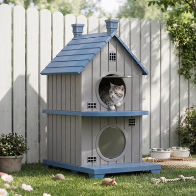Maison pour chat à 2 niveaux en résine pour chats actifs à l'intérieur et à l'extérieur H 38,89 po avec porche et plateforme d'observation