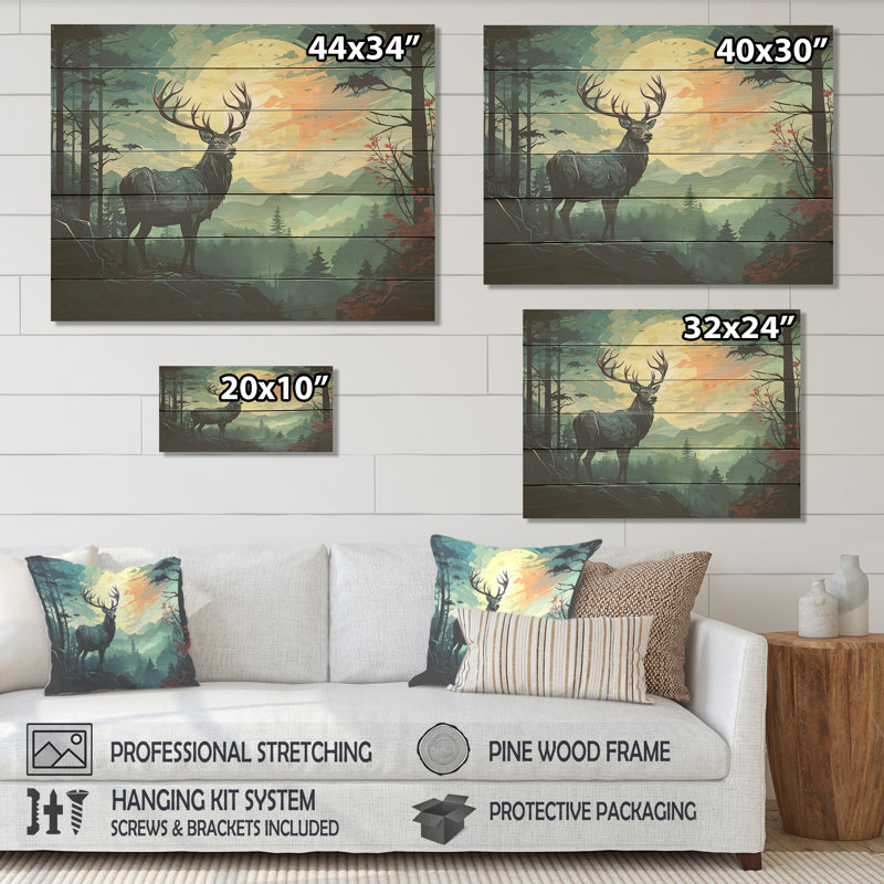 «Deer Sunset Landscape In Canada III» - impression d'un animal chevronné sur bois, H 34 po x l 44 po x P 0,78 po