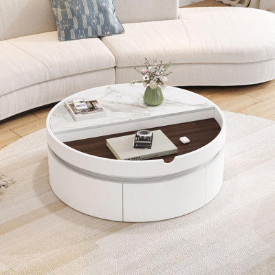 Table basse ronde blanche à 1 tiroir avec plateau en marbre et grain de bois 29,5 po