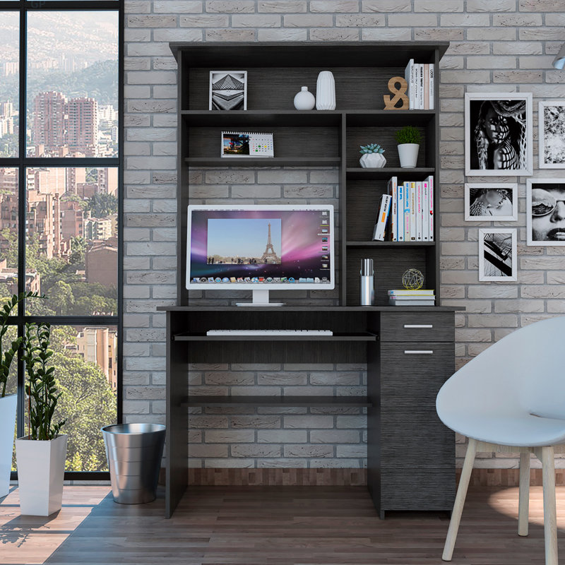 10-Shelf 4-Door 2-Piece Office Set, Bookcase And Desk, Gray