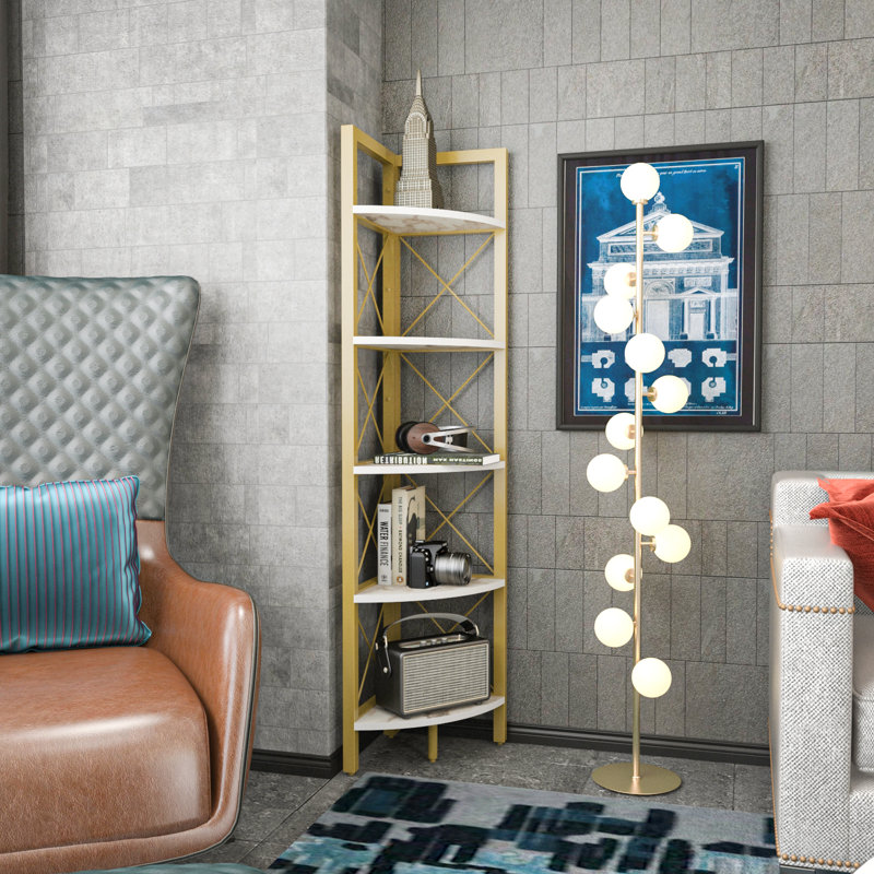 Talty 160cm H Corner Bookcase, White Marble and Gold
