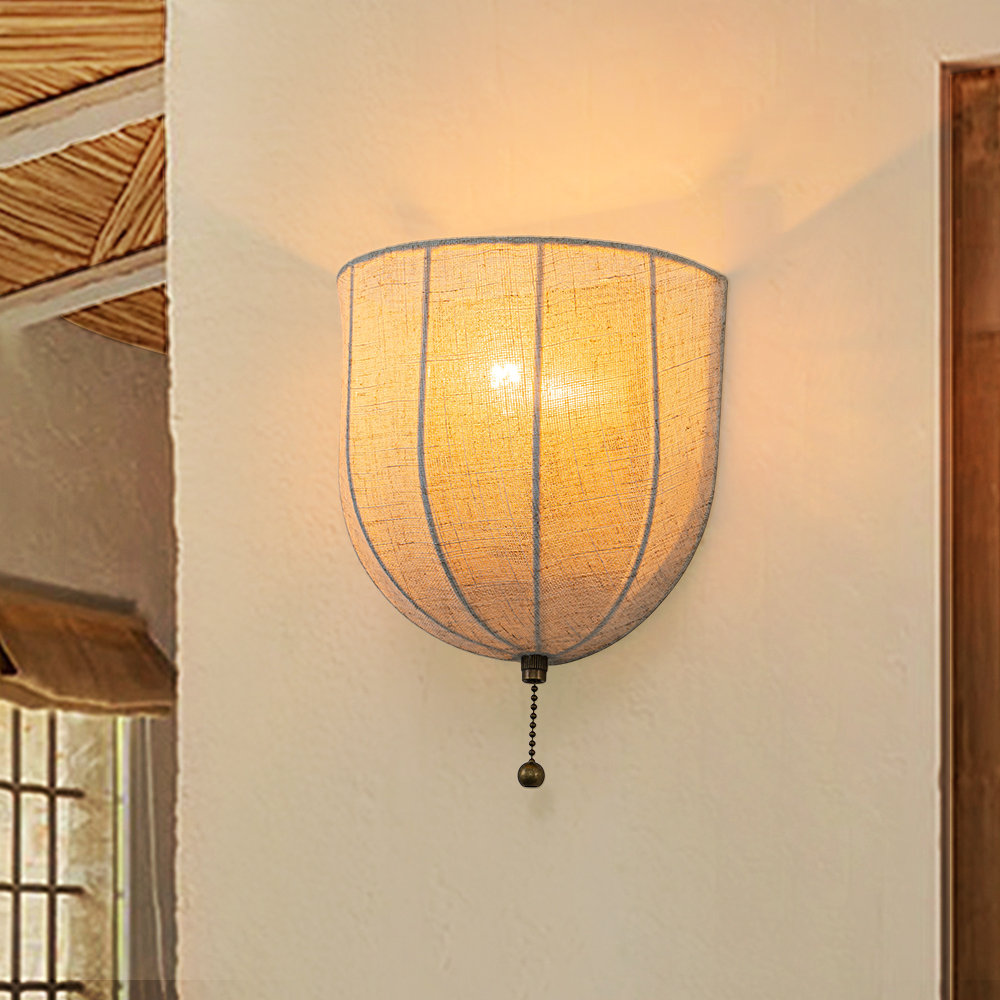 1 - Light Retro Pull Chain Semi Circular Linen Wall Sconce