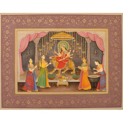 Durga Pooja avec des dévots | Couleur de pierre sur papier