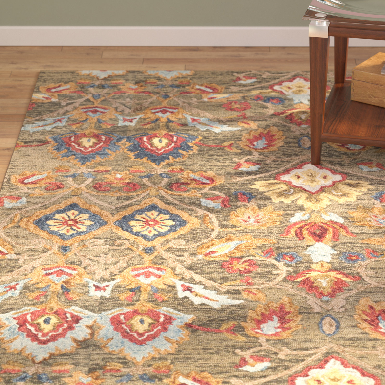 Tansy Handmade Wool Green / Multi Rug, Rectangle 3' x 5'
