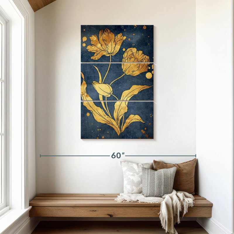Floral bleu doré maté, H 45 po x l 28 po
