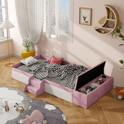 Color Contrast Kids Upholstered Bed With Gas Lift Storage Ottoman, Padded Guardrail & Safety Stairs Sturdy Children Bedroom Bed-Pink+White