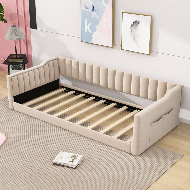 Velvet Upholstered Daybed with Side Storage Pocket for Guest Rooms, Beige, Extra-long Twin