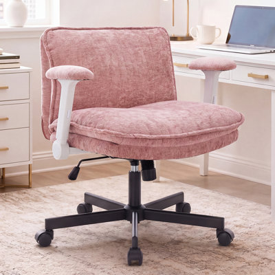 26" Wide Teddy Velvet Criss Cross Office Chair with Wheels, Cross-Legged Desk Chair with Flip-Up Height Adjustable Arms, Lumbar Support, Swivel Vanity Chair for Home Office, Bedroom, Study, 350 lbs