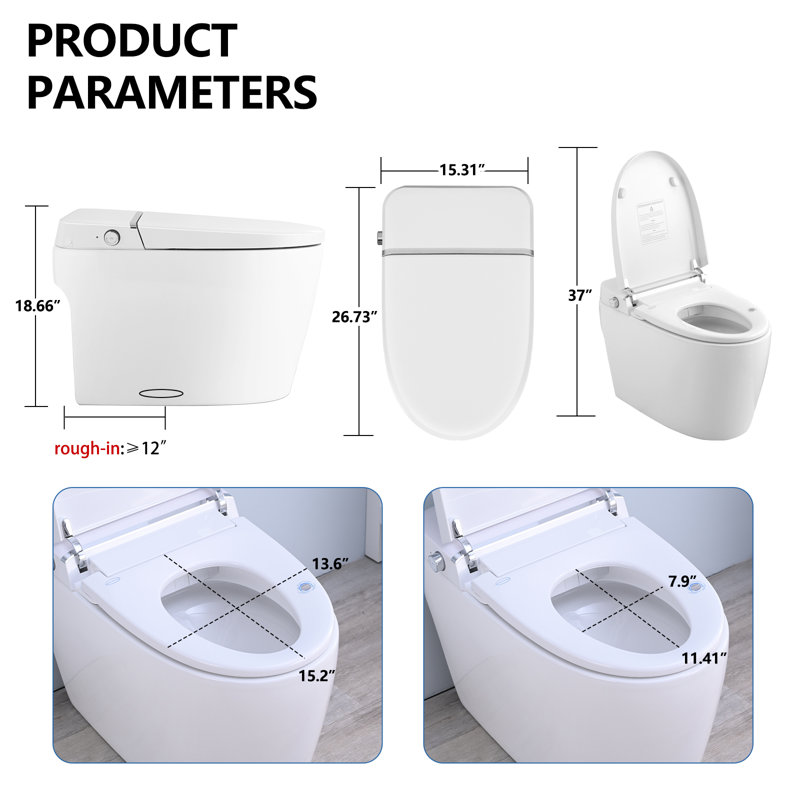 ADA Height Tankless Smart Bidet Toilet, Auto Open/Close, Auto Flush, Blackout Flush,Heated Seat, Warm Wash, Dryer
