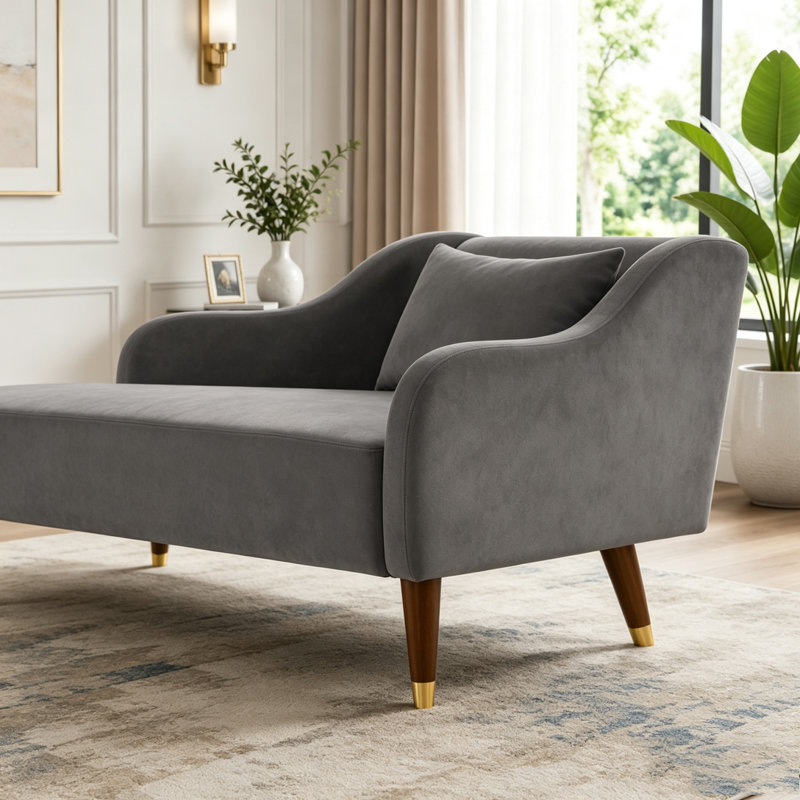 Chaise longue grise moderne avec revêtement en velours et coussin, Velours gris