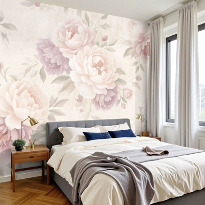 Papiers peints modernes adhésifs délicats à motif floral délicat à motif de pivoines roses pastel H 100 po x l 144 po, papier mural amovible en PVC pour décoration de salon