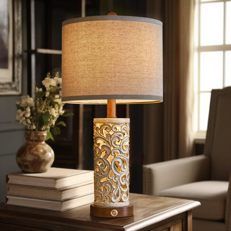 Vintage White Carved Base Table Lamp Set with Linen Shade