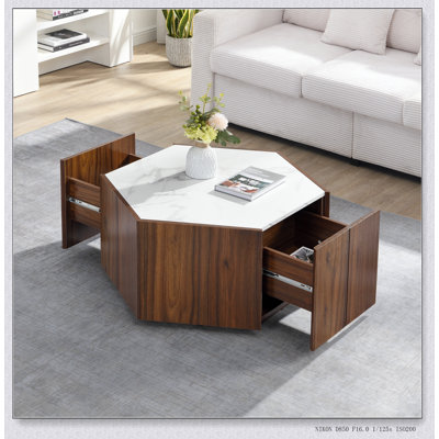 Table basse hexagonale rustique en bois rétro avec 2 tiroirs cachés, panneau de fibres à densité moyenne durable et plateau en marbre élégant
