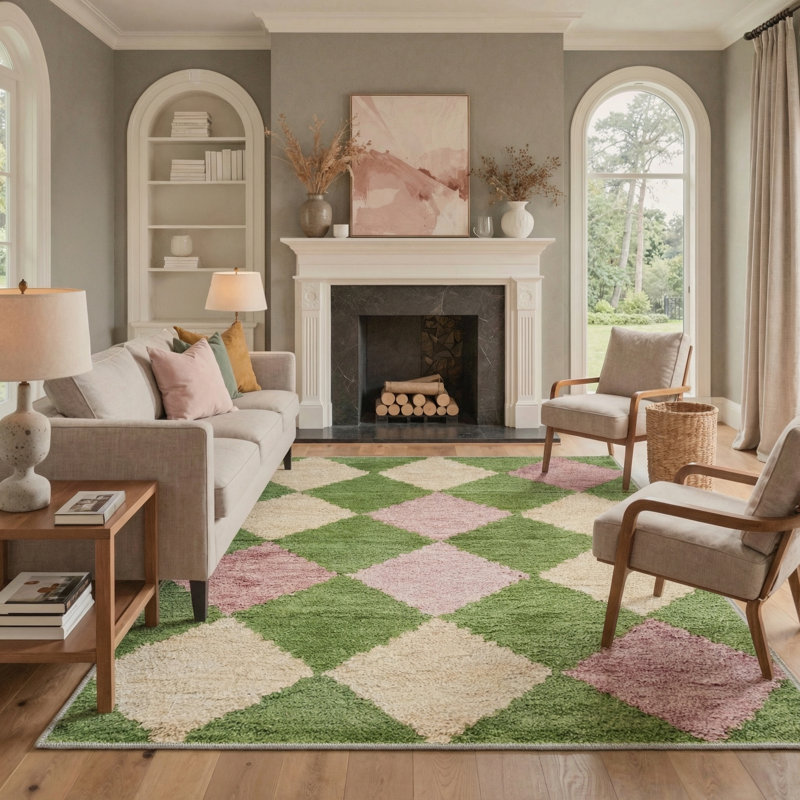 Maven Geometric Machine Washable Pink / Green / Beige Indoor Area Rug with Non-Slip Backing, Round 5'