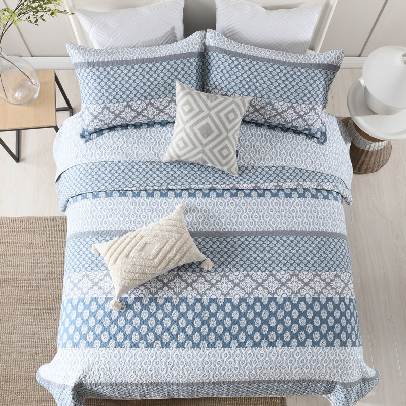 DDUOXIN 100% Cotton 98×106 inch Quilt Sets - 1 Quilt with 2 Pillow Shams, Blue/Gray, King Quilt + 2  Shams
