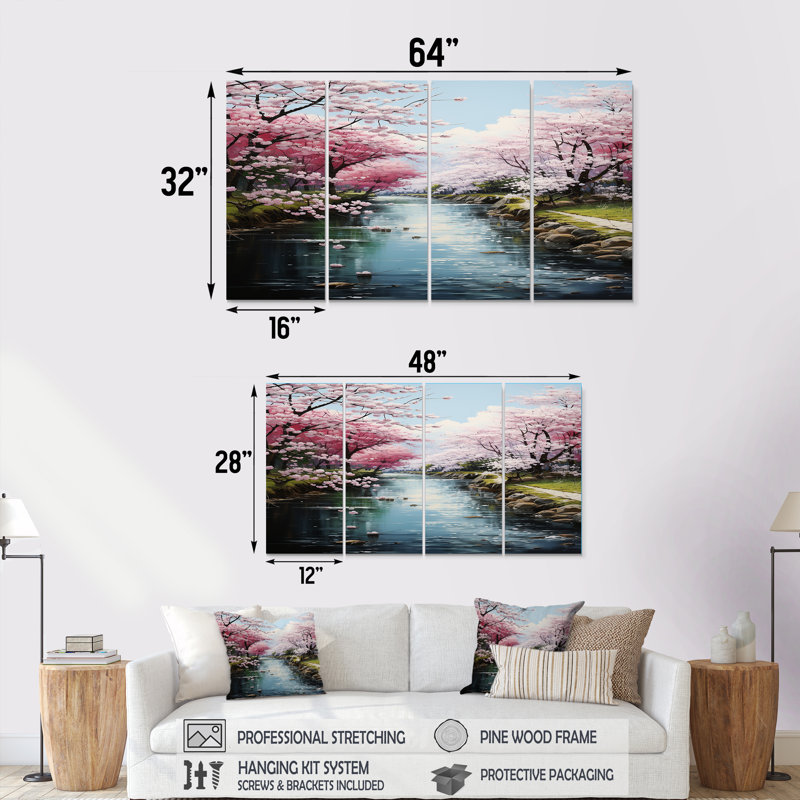 «Cherry Blossom Spring River - River», ensemble de 4 décorations murales, H 32 po x l 64 po