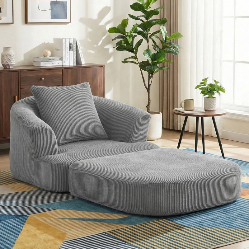 Fauteuil demi-tonneau d'appoint convertible surdimensionné rembourré, Velours côtelé gris