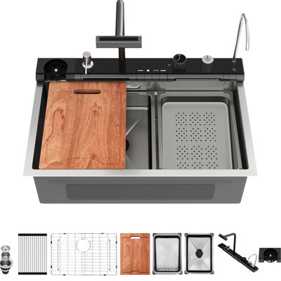 30-Inch Kitchen Sink Waterfall Multifunction Single Bowl 16 Gauge Stainless Steel Workstation With 4 Spray Modes Pull-Out Faucet, Drain Easily, Sound Proof, Honeycomb Nano Finish, Included Soak Basin