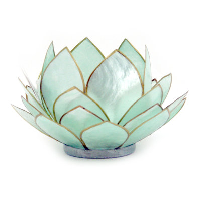 Coastal smoke brown Capiz shell, metal and resin lotus flower tealight and votive candle holder — 4.75" dia. x 2.25" H