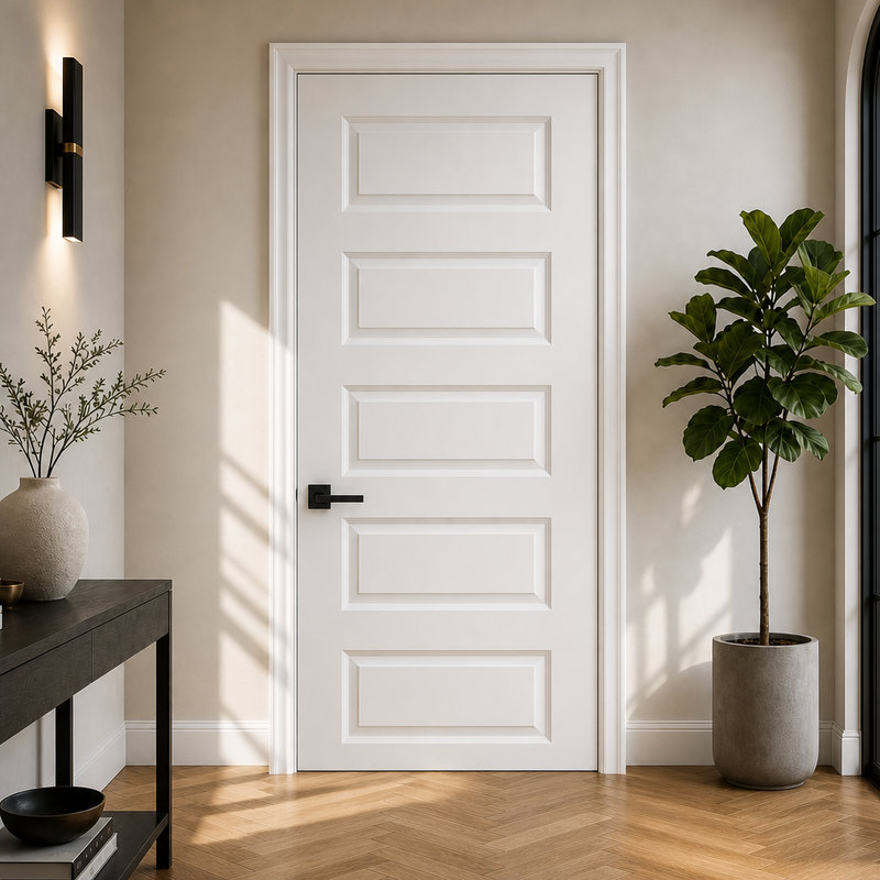Dalle de porte intérieure blanche en bois moulé 5 panneaux, 18" x 80", Right (with keyhole and hinge holes)