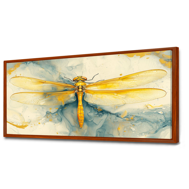 Mouche libellule jaune, vol d'élégance - Libellule, art mural, H 28 po x l 60 po, Cadre flottant, Brun
