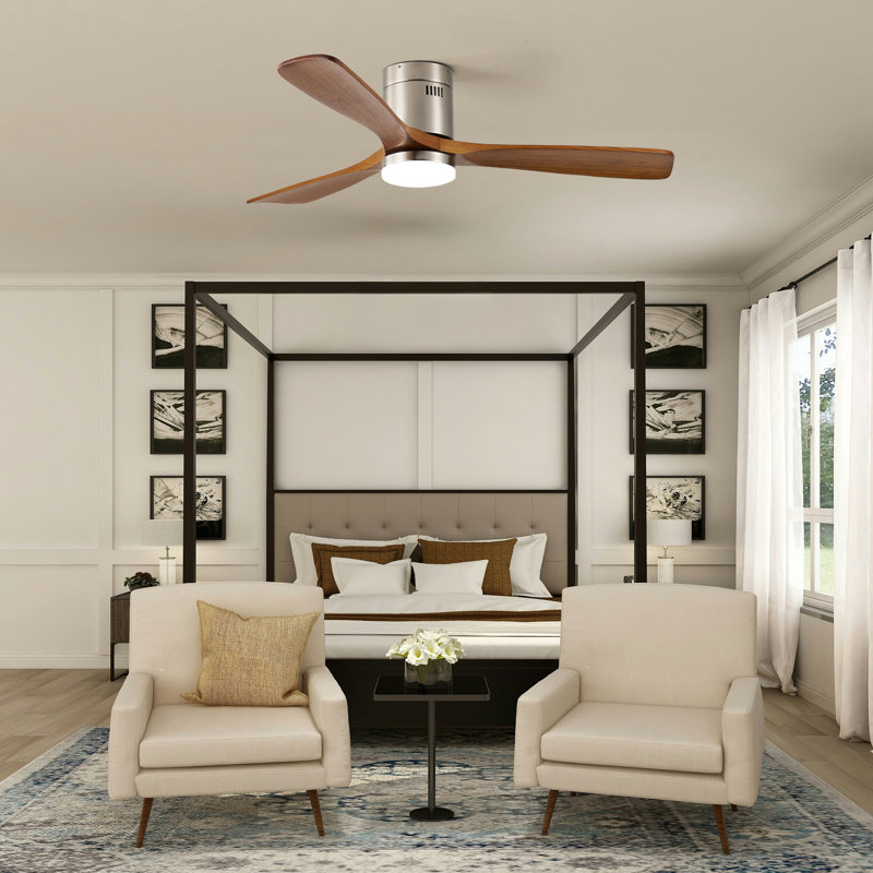 52 In. Flush Mount Nickle Wood Ceiling Fan With Light
