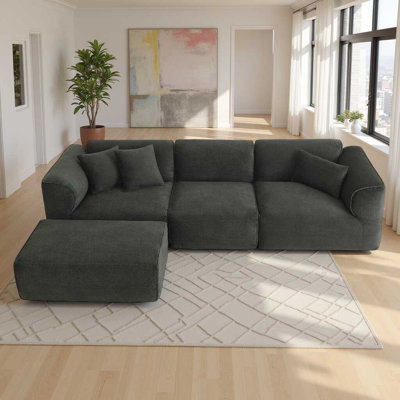 122" Luxury Velvet Sofa, 4-Seater with Detachable Ottoman & 3 Pillows, Plush Sponge & Spring Cushion by Latitude Run