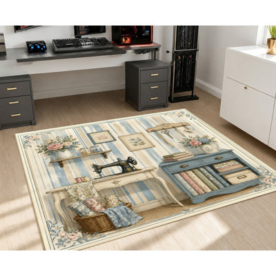 Tapis vintage à motif floral et machine à coudre, lavable à la machine, avec envers antidérapant et rayures, idéal pour décorer votre salon, chambre, entrée, cuisine ou appartement.
