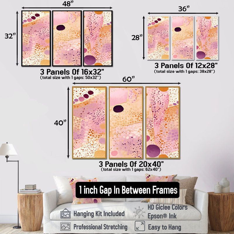 Ensemble de salon Summer Bliss Lilac Pink - Abstract Modern Waves, Encadrement argenté, H 40 po x l 60 po x P 1 po
