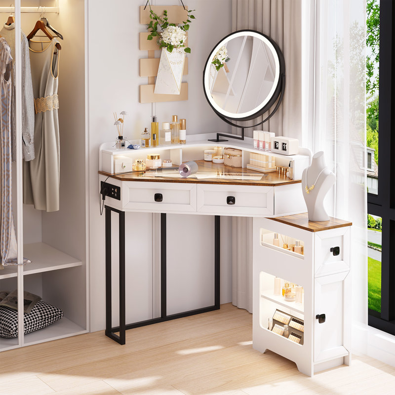 Dressing Table with Mirror, White/Brown