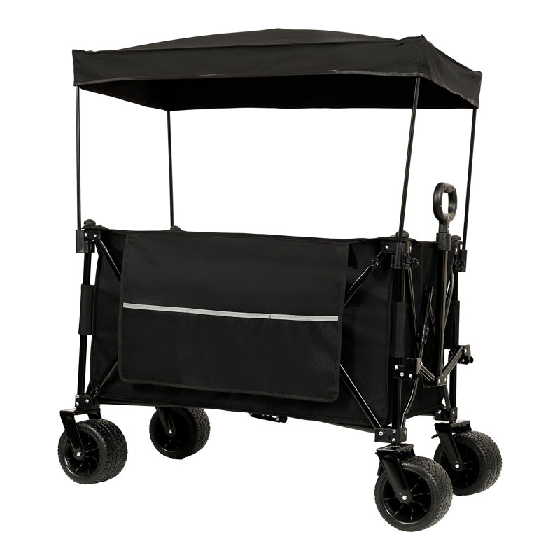 Chariot allongé pliable pliable avec auvent, capacité de poids de 480 lb, chariot de jardin pliant robuste avec de grandes roues tout-terrain et porte-boissons, poche latérale et freins, moustiquaire