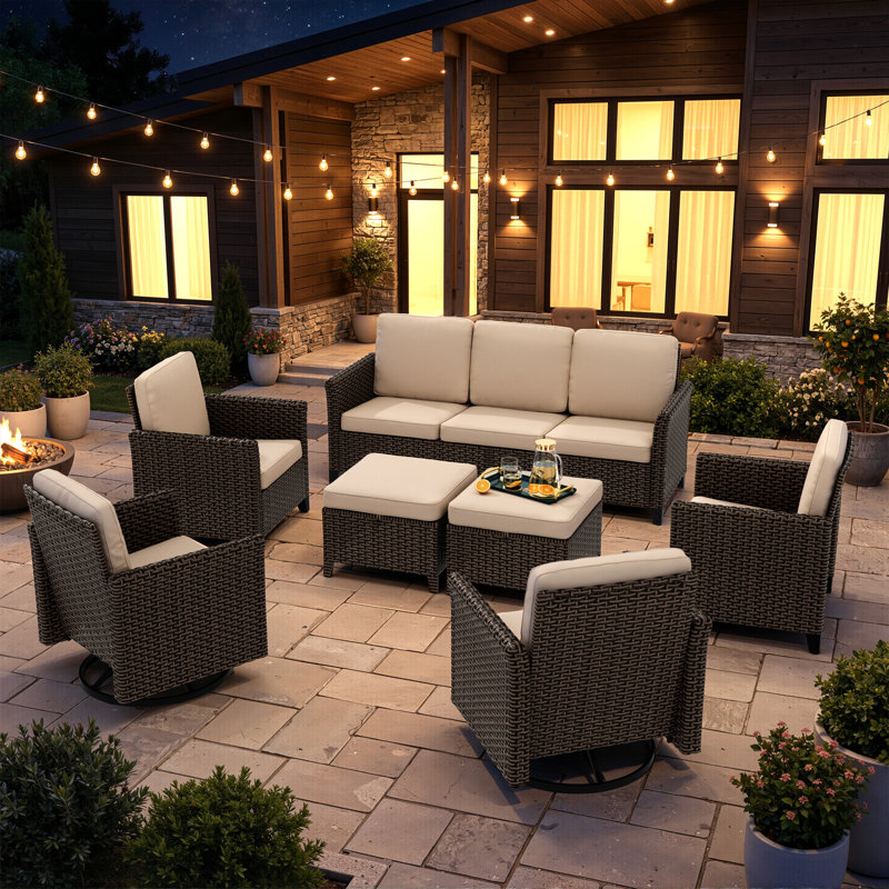 7-Piece Outdoor Wicker Sofa Set, All-Weather High Back with Comfy Cushions, 2 Single & 2 Swivel Chairs, 1 Three-Seat Sofa, 2 Ottomans