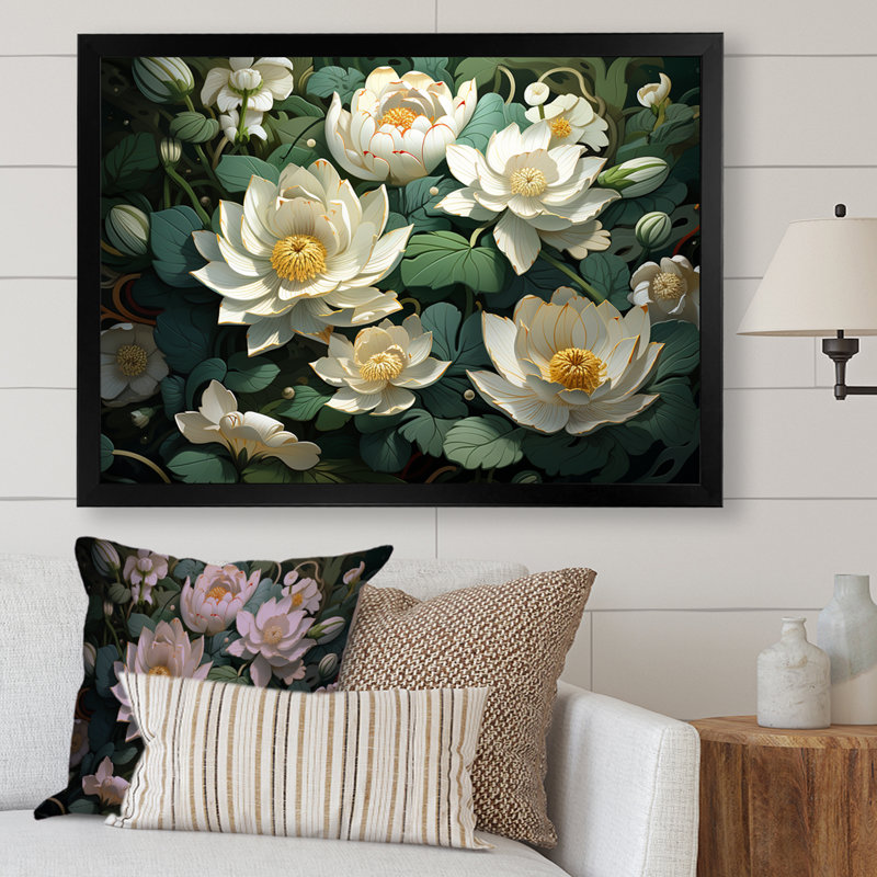 Fleurs de lotus méticuleusement rendues - reproduction sur toile, Cadre simple noir, H 16 po x l 32 po x P 1 po