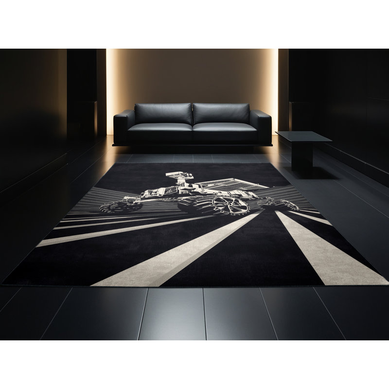 Machine Washable Vehicles And Transportation Lunar Rover Vehicle Modern Geometric Rug in Purple – Black Binding, 4x6