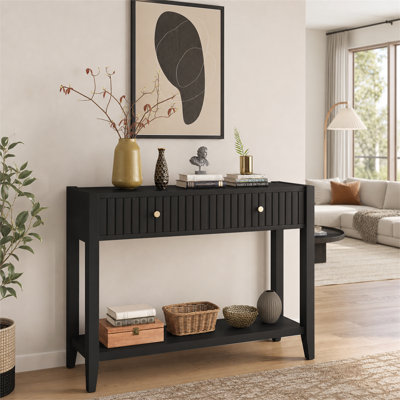 29.53-inch tall narrow wooden console table with drawers and storage shelf, black decorative table for entryways, hallways and living rooms