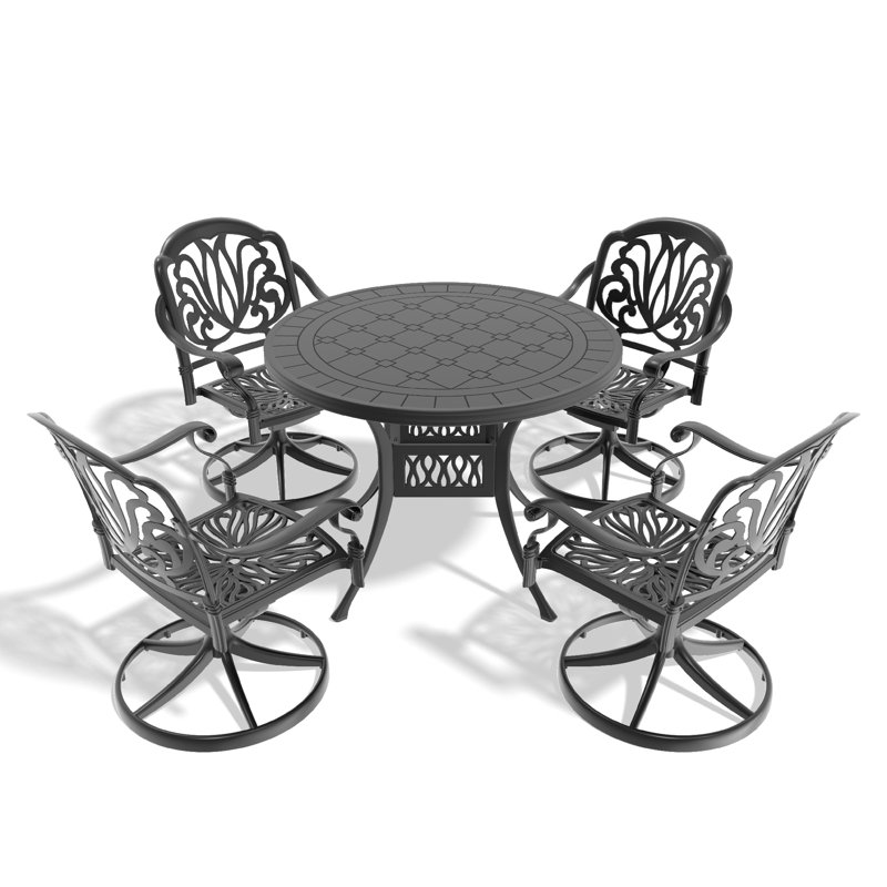 Ensemble de salle à manger 5 pièces en aluminium coulé résistant aux intempéries, comprenant 4 chaises pivotantes et une table ronde de 39,37 po avec structure noire