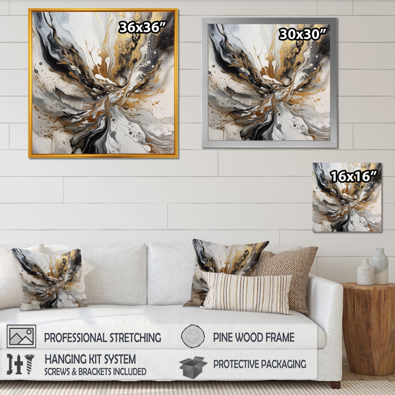 «Maja Artwork with Swirls Marble II», reproduction sur toile, H 16 po x l 16 po x P 1 po, Cadre flottant doré